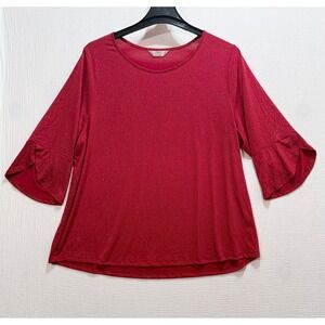 SJS‎ Studded Swirl Top Womens 2X Red 3/4 Bell Sleeve Crew Neck Festive Glam